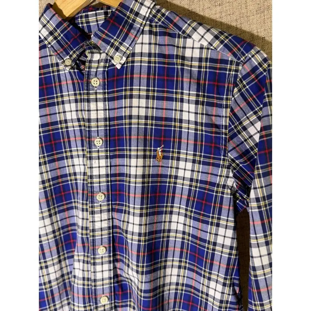 Ralph Lauren Boys L 14-16 Blue Plaid Button-Down Shirt Natural Stretch Cotton